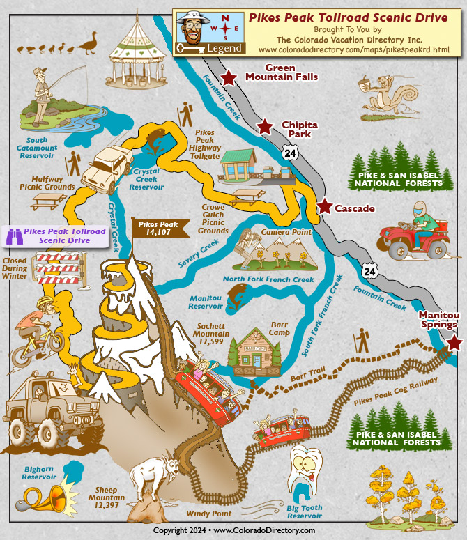 Pikes Peak Toll Road Scenic Drive Map, Colorado.