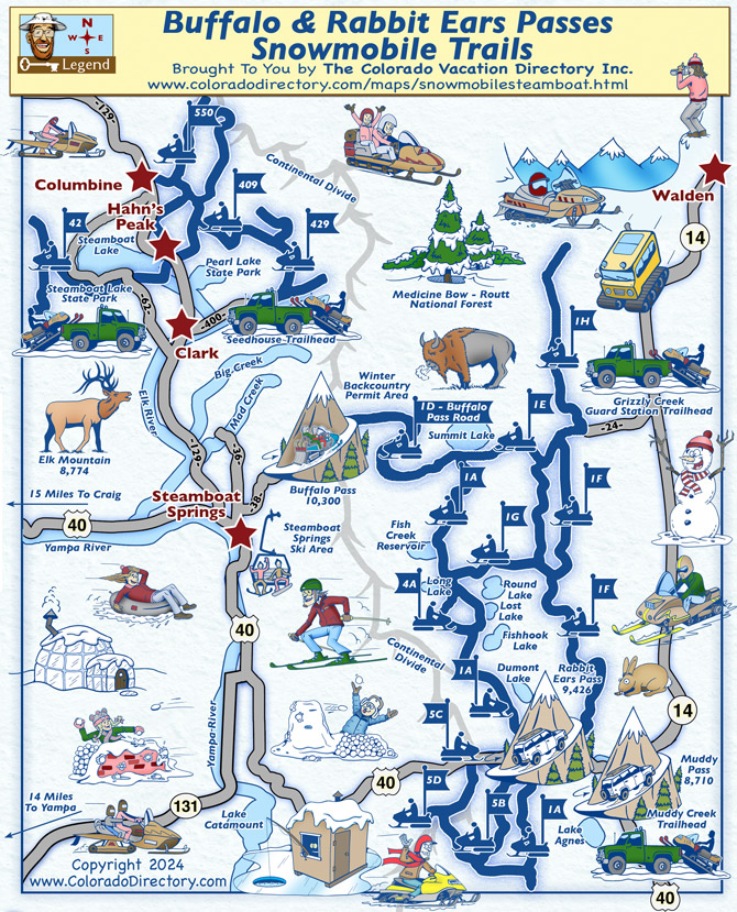 Buffalo Pass, Rabbit Ears Pass, and Steamboat Springs Snowmobile Trails Map, Colorado