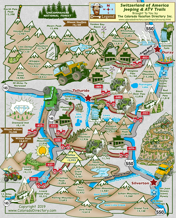 Switzerland of America Jeeping, ATV/UTV trails map, Telluride, Silverton, Ouray, Colorado