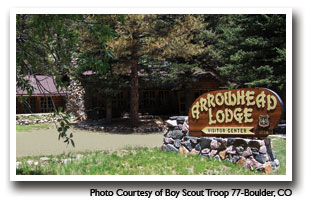 The welcome sign to the Historic Arrowhead Lodge Visitors Center Photo courtesy of Boy Scout Troop 77-Boulder, CO