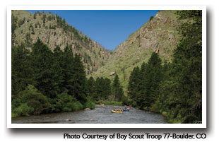 Rafts floating down the Poudre River in Colorado, Photo courtesy of Boy Scout Troop 77-Boulder, CO