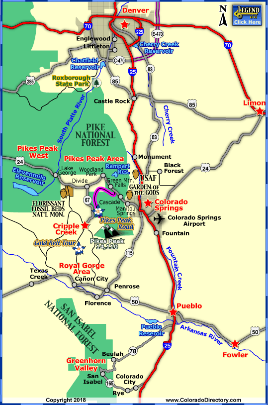 Map of Colorado Towns and Areas within 1 hour of Colorado Springs