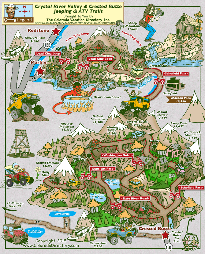 Jeep and ATV/UTV trail map for Crystal River Valley, Marble, Schofield Pass, Crested Butte, Devils Punch Bowl, Gothic, Lead King Loop, Colorado