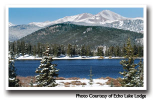Echo lake taken from the front porch of Echo Lake Lodge on the Mt. Evans Scenic Byway, Colorado. Photo courtesy of Echo Lake Lodge