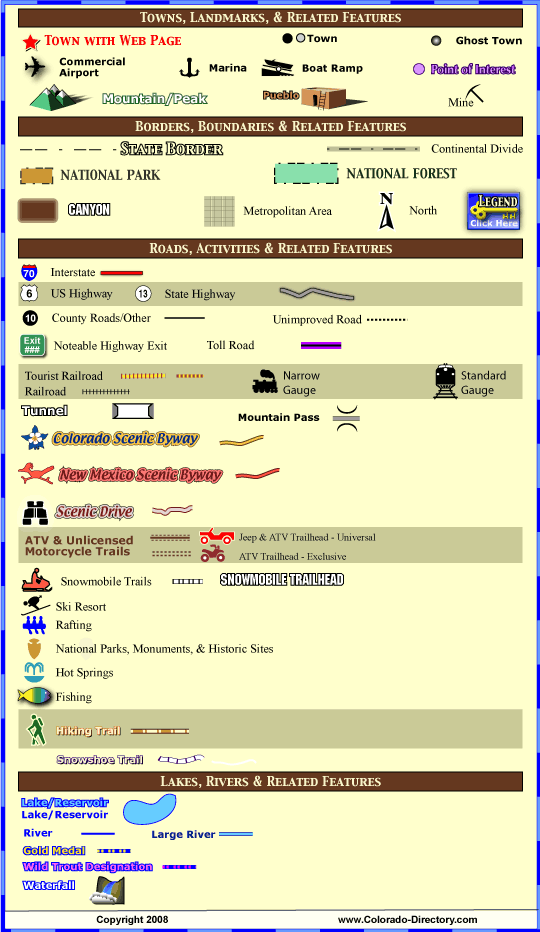 Legend of Map Symbols, Colorado Vacation Directory