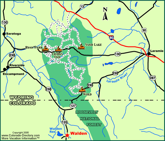 Snowy Range, Wyoming, Snowmobile Trails Map, Colorado