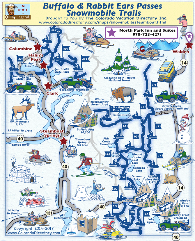 Buffalo Pass, Rabbit Ears Pass, and Steamboat Springs Snowmobile Map, Colorado
