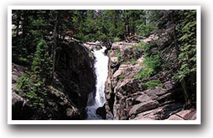 Chasm Falls waterfall along Trail Ridge Road Scenic Byway, Colorado.