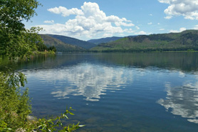 Beautiful scenic view of house boat on Vallecito Lake in Durango, Colorado