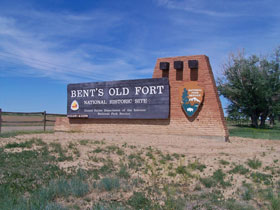 Entrance sign to Bent's Old Fort Historic Site in La Junta, Colorado.
