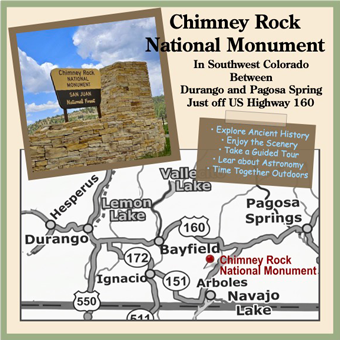 Information and location map for Chimney Rock National Monument, Colorado.