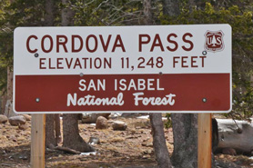 Cordova Pass Sign near the Spanish Peaks in the San Isabel forest, Colorado