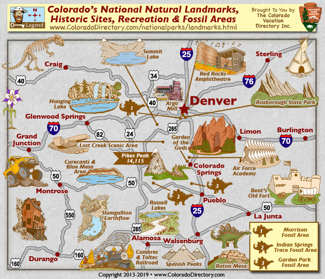 Map of Colorado's National Natural Landmarks, Historic Sites, Recreation and Fossil Areas