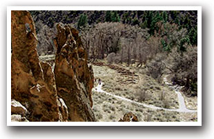 View of hiking trails at Bandelier National Monument in New Mexico