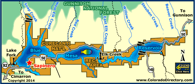 Map of Blue Mesa Reservoir and Curecanti National Recreation Area, Colorado