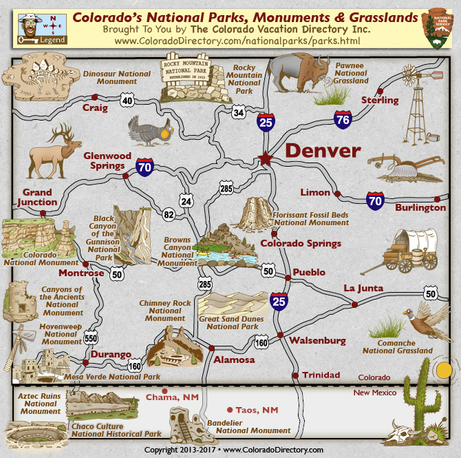 Colorado National Parks Monuments Grasslands Map Colorado Vacation Directory