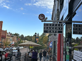 Main street view of Historic Downtown Manitou Springs, Colorado.