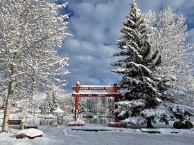 Green Mountain Falls entrance blanketed in snow during the winter in the Pikes Peak region of Colorado.