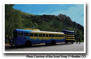 Bus loaded up with rafts ready to go rafting, Photo courtesy of Boy Scout Troop 77 - Boulder, CO