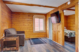 View of living room area with couch and tv inside cabin at Rainbow Lodge, Cabins and RV Park in South Fork, Colorado.
