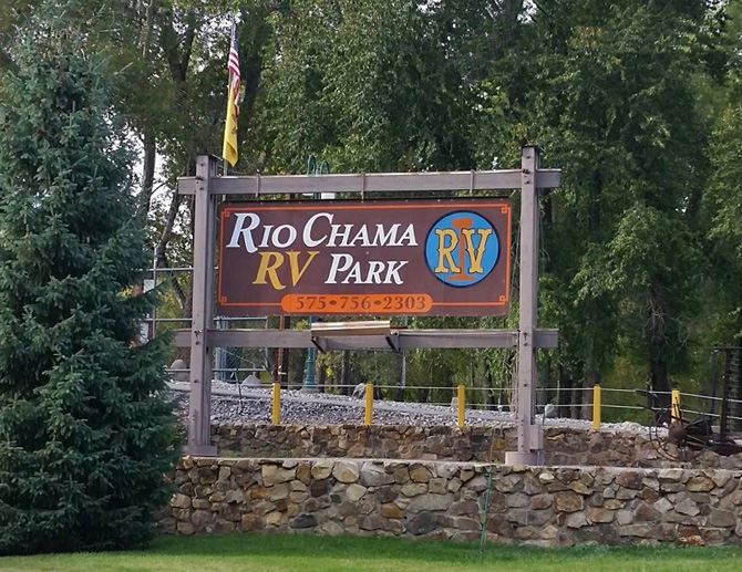 Entrance sign at Rio Chama RV Park located in Chama, New Mexico.