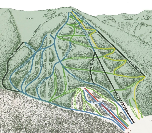 Cuchara Mountain Park Ski Resort Trail Map, Cuchara, Colorado.