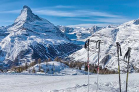 Ski poles at the summit of the mountain with amazing views of Hesperus Ski Area near Durango, Colorado.