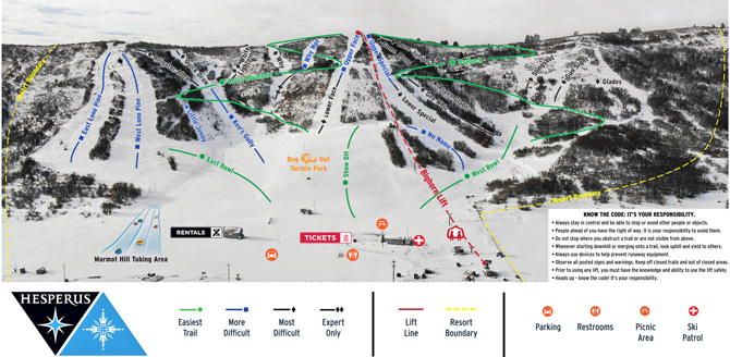 Hesperus Ski Area Trail Map, Durango, Colorado.