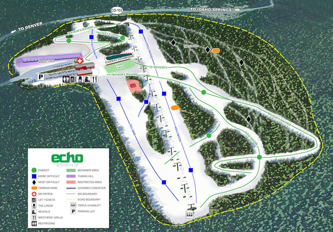 Echo Mountain Ski Area Trail Map, Idaho Springs, Colorado.