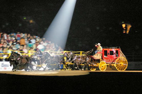 Spotlight on carriage rider during the Wild West Show at the National Western Stock Show in Denver, Colorado