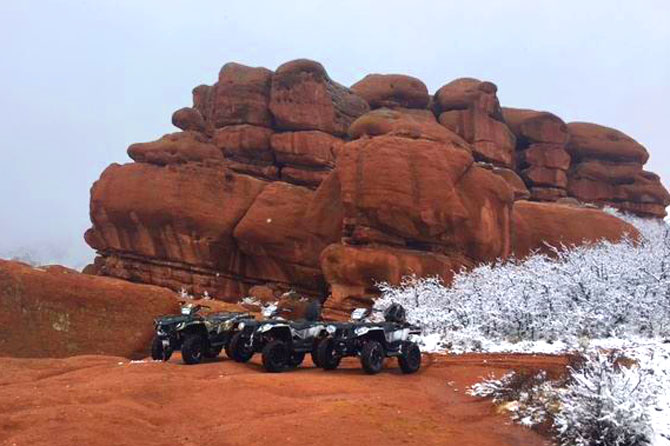 Storm Peak ATVs on red rock during winter near Denver, Colorado