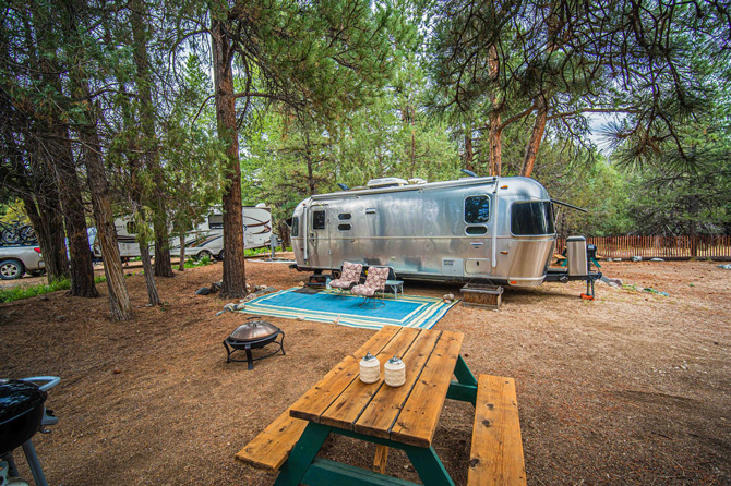 Large shaded RV Campsite in the trees with picnic table and full hookups at Surgarbrush Campground in Howard, Colorado.