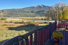 Beautiful view of Twin Glacial Lakes and mountains during the fall from the deck at Twin Lakes Roadhouse Lodge and Cabins in Twin Lakes near Leadville and Buena Vista, Colorado.