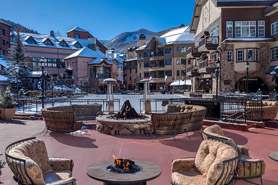 Outdoor patio with personal fire places and seating at Hyatt Mountain Lodge in Beaver Creek, Colorado. Beaver Creek and Vail Vacation Rentals.