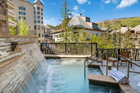 Waterfall pool at St. James Place in Beaver Creek, Colorado. Beaver Creek and Vail Vacation Rentals.