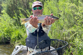 Fisherman holding a trout caught in the Eagle River, Colorado.