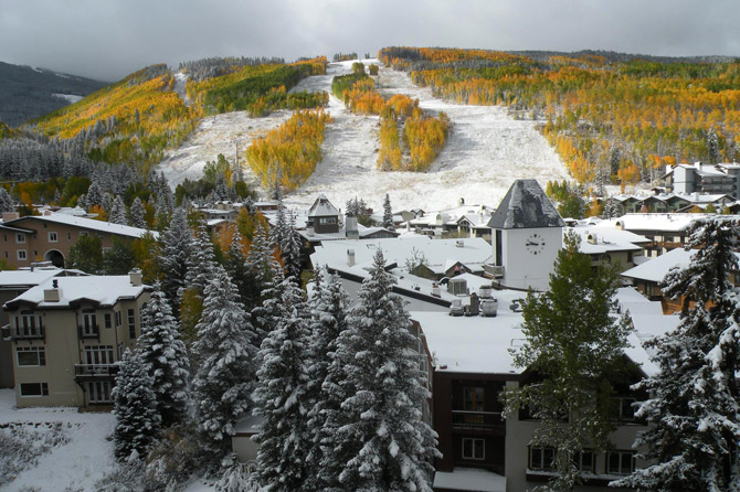 View of Vail Ski Resort during the fall from the condos at Vail's Mountain Haus at the Covered Bridge located in Vail Village, Colorado.