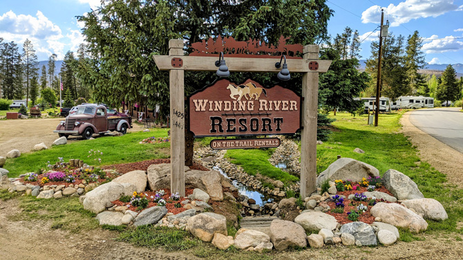 Entrance Sign at Winding River Resort Village: A Family Destination near Grand Lake, Colorado.