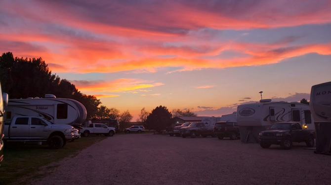 RV sites during beautiful sunset at Wray Hitchn Post RV Park and Campground in Wray, Colorado